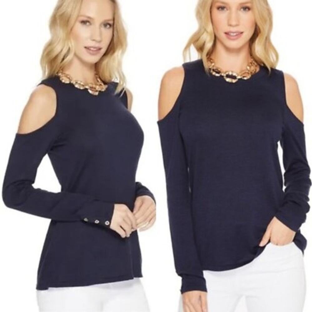 Lilly Pulitzer M wool blend knit pullover cold shoulder sweater navy gold button